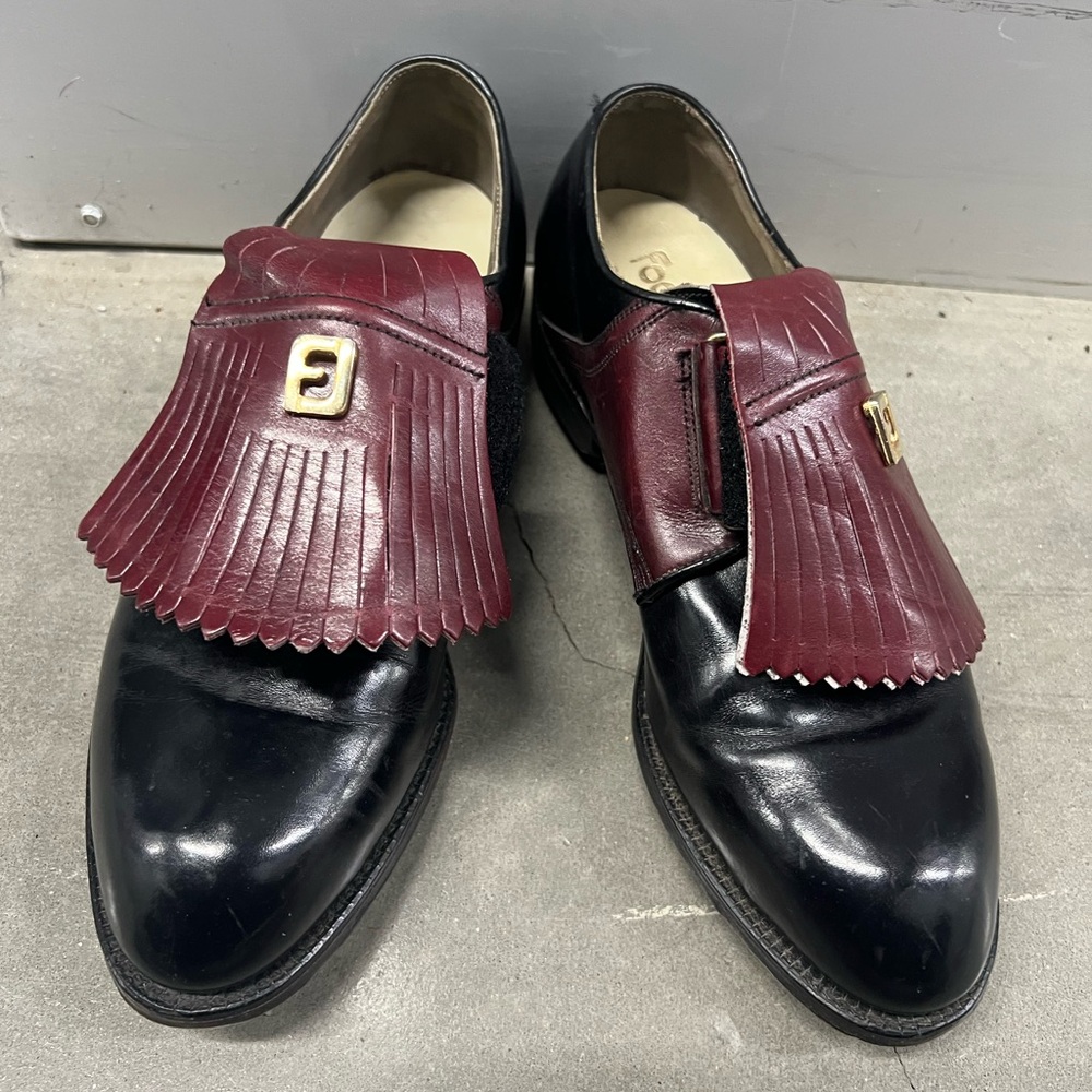 FOOTJOY VINTAGE BURGUNDY & BLACK GOLF LEATHER LOAFERS SHOES SIZE 8 C‎
